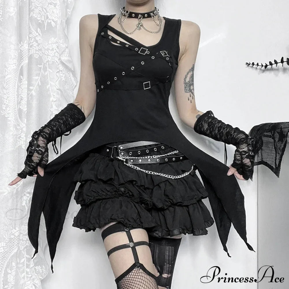 Y2K Black Gothic Eyelet Slim Irregular Sleeveless Crop Top