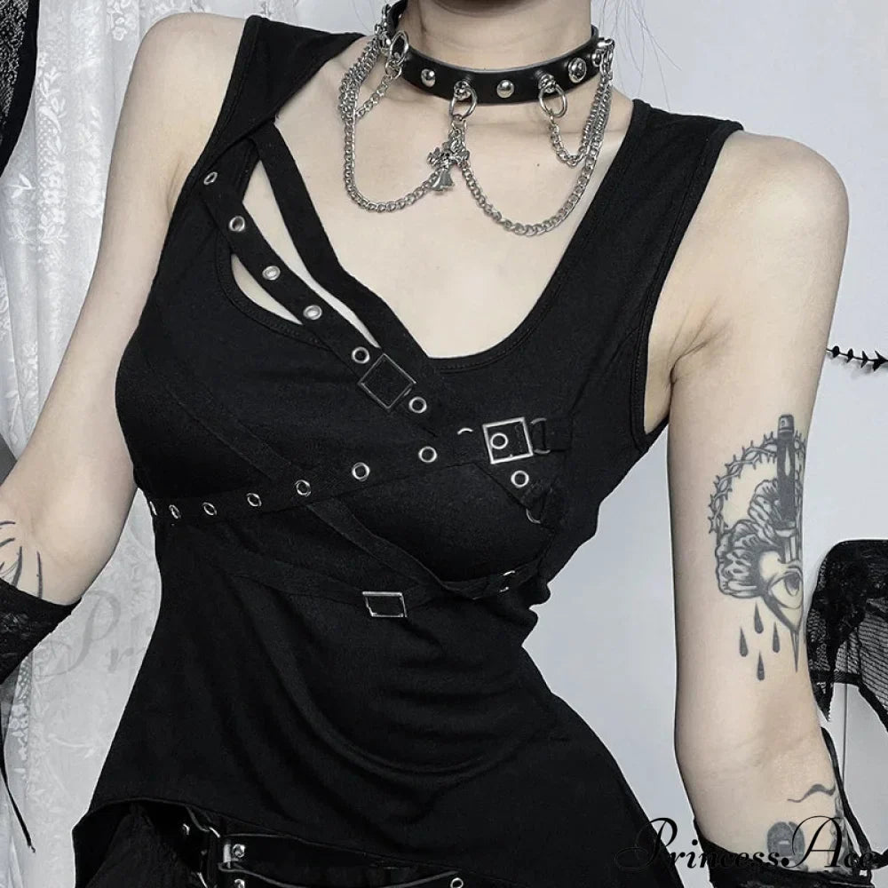 Y2K Black Gothic Eyelet Slim Irregular Sleeveless Crop Top
