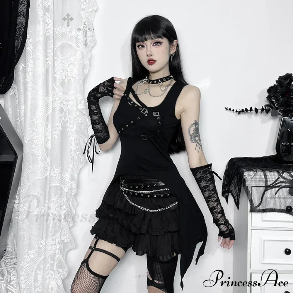 Y2K Black Gothic Eyelet Slim Irregular Sleeveless Crop Top