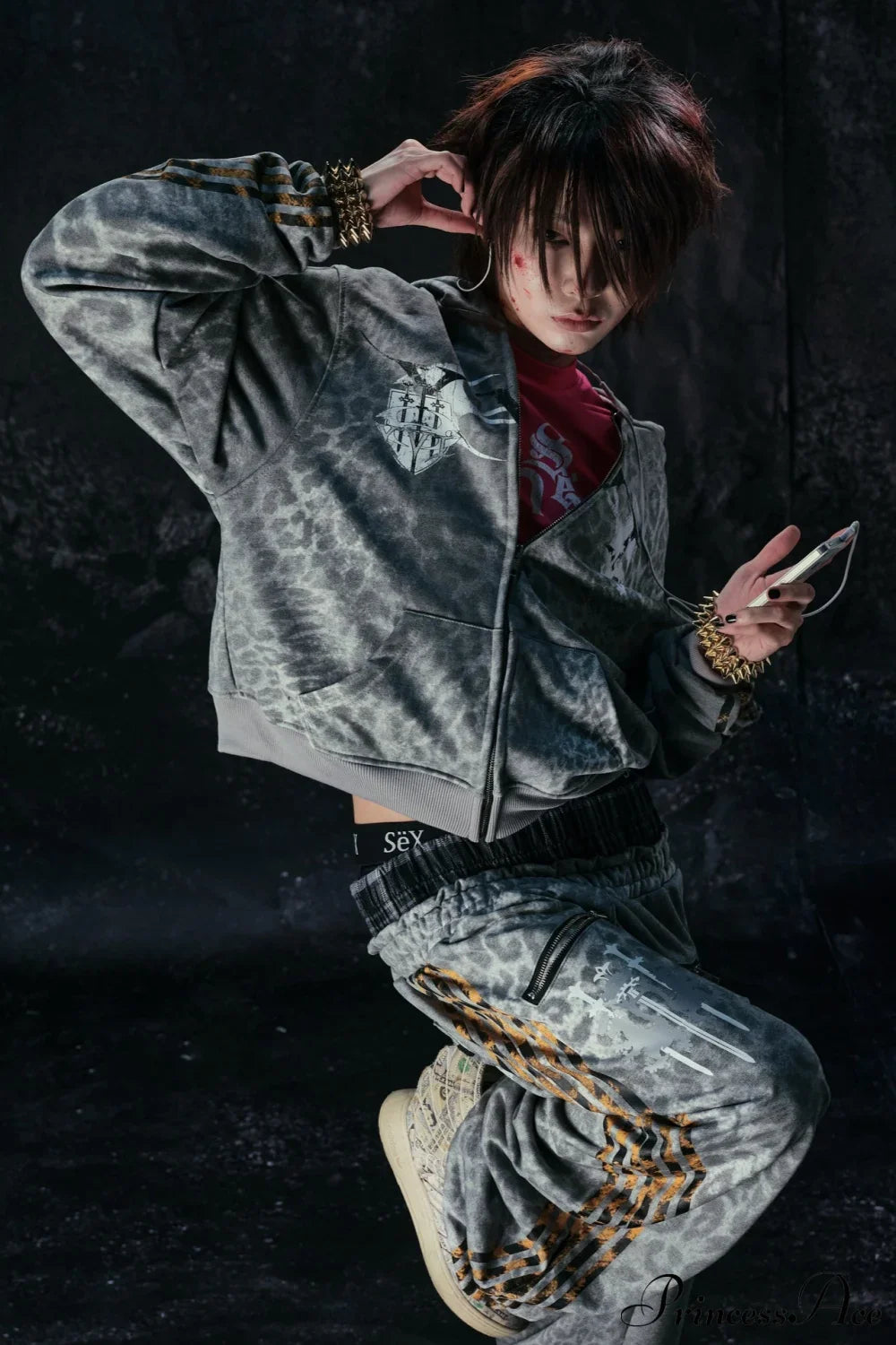 Y2K Leopard Striped Street Zip Hoodie Grey / S