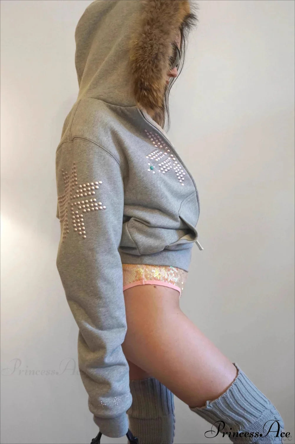 Y2K Sherpa Collar Rhinestone Zip-Front Waist-Cinched Hoodie