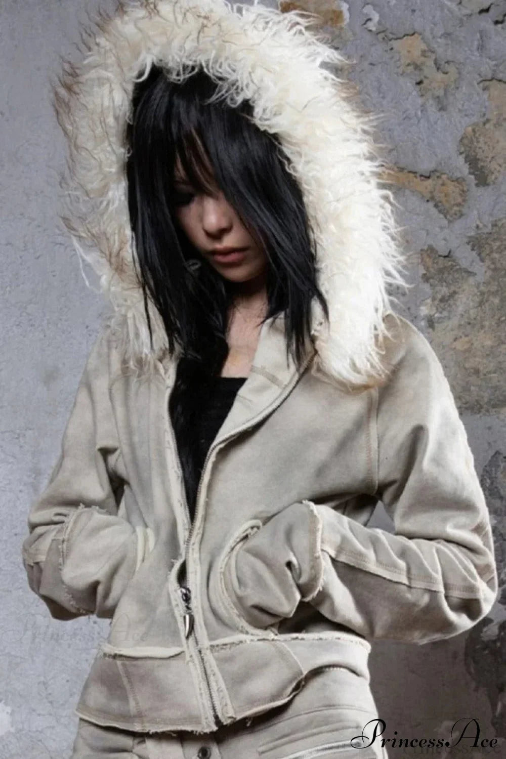 Y2k Street Vibe Color-Block Big Fur Hood Zip-Up Hoodie