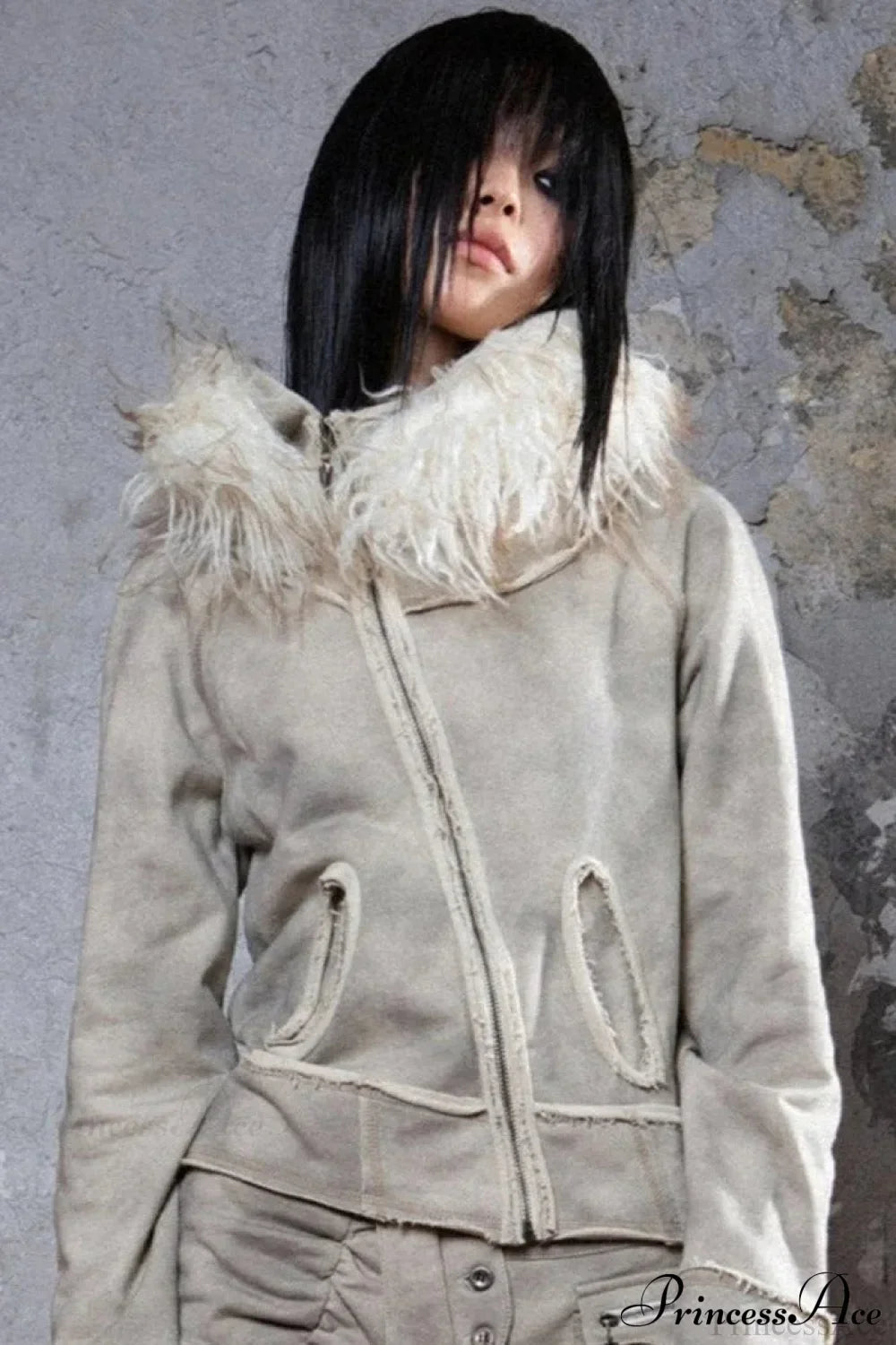 Y2k Street Vibe Color-Block Big Fur Hood Zip-Up Hoodie Gray / S