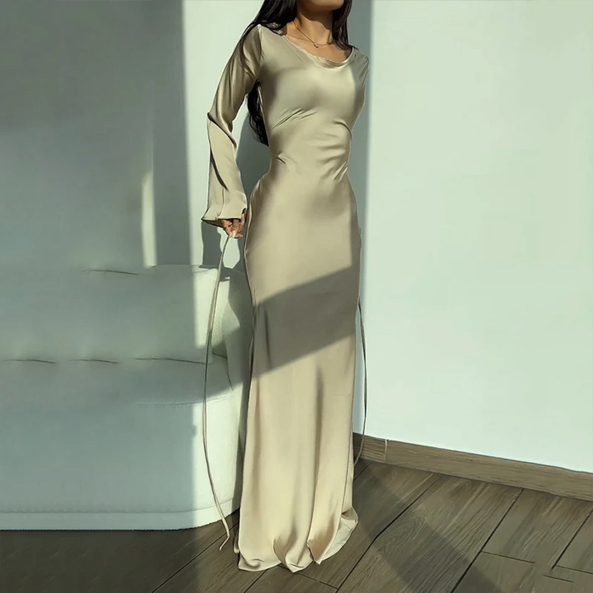 Satin Scoop Neck Bell Sleeve Ruched Waist Mermaid Maxi Dress - View 11