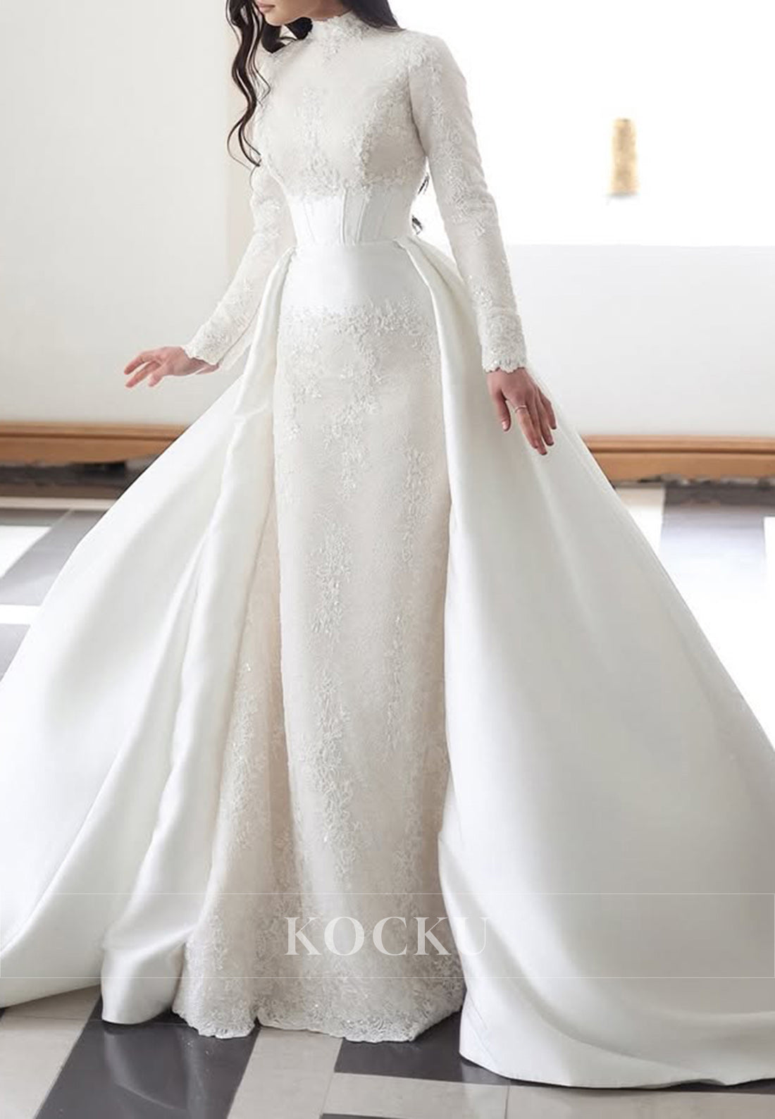 Elegant High - Neck Lace & Satin Wedding Dress with Long Sleeves & Detachable Train