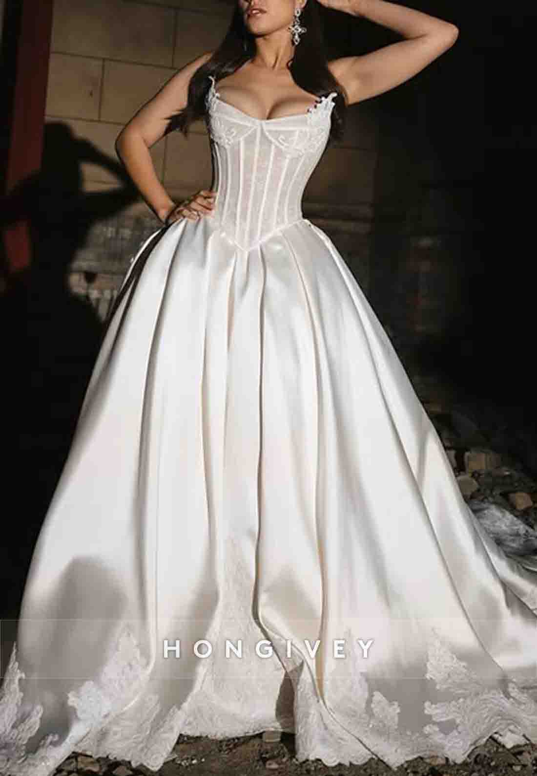 Pleated Strapless Princess Chapel Train Satin Wedding Dresses