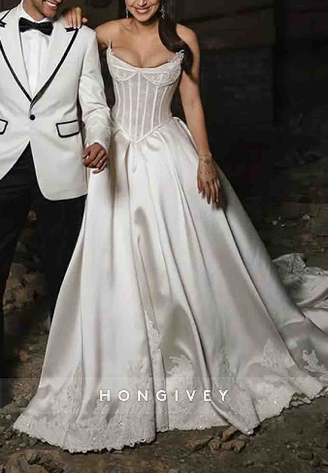 Pleated Strapless Princess Chapel Train Satin Wedding Dresses