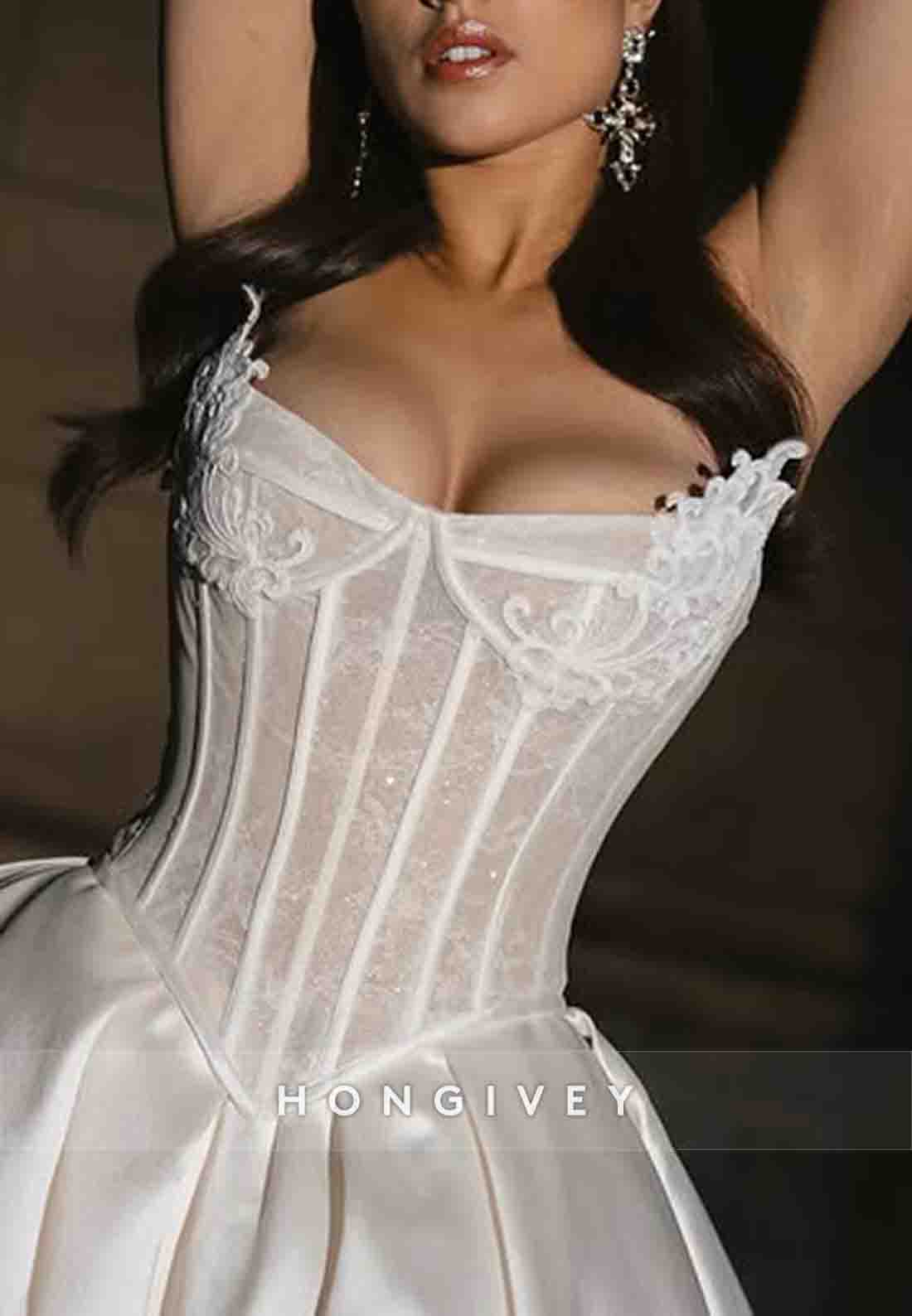 Pleated Strapless Princess Chapel Train Satin Wedding Dresses
