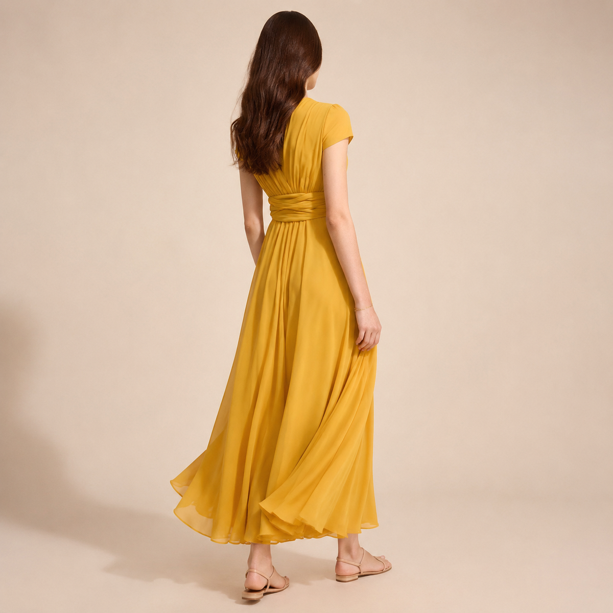 V-Neck Cap Sleeve Ruched Waist Chiffon Midi Dress 18