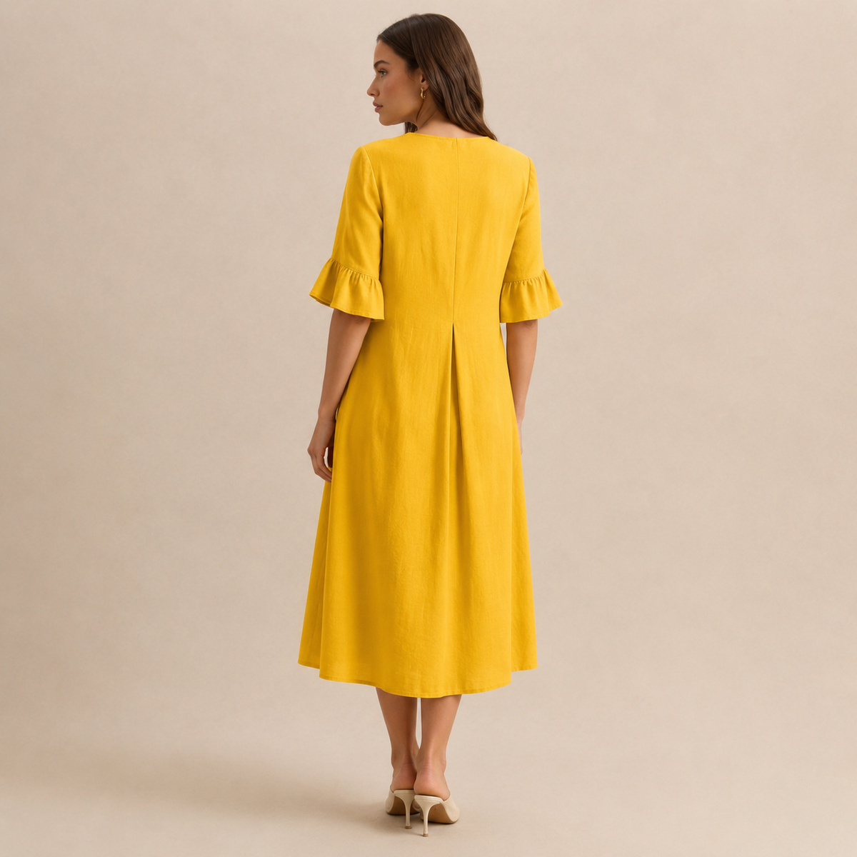 Notch Neck Wooden Button Front Pleated A-Line Midi Dress 18