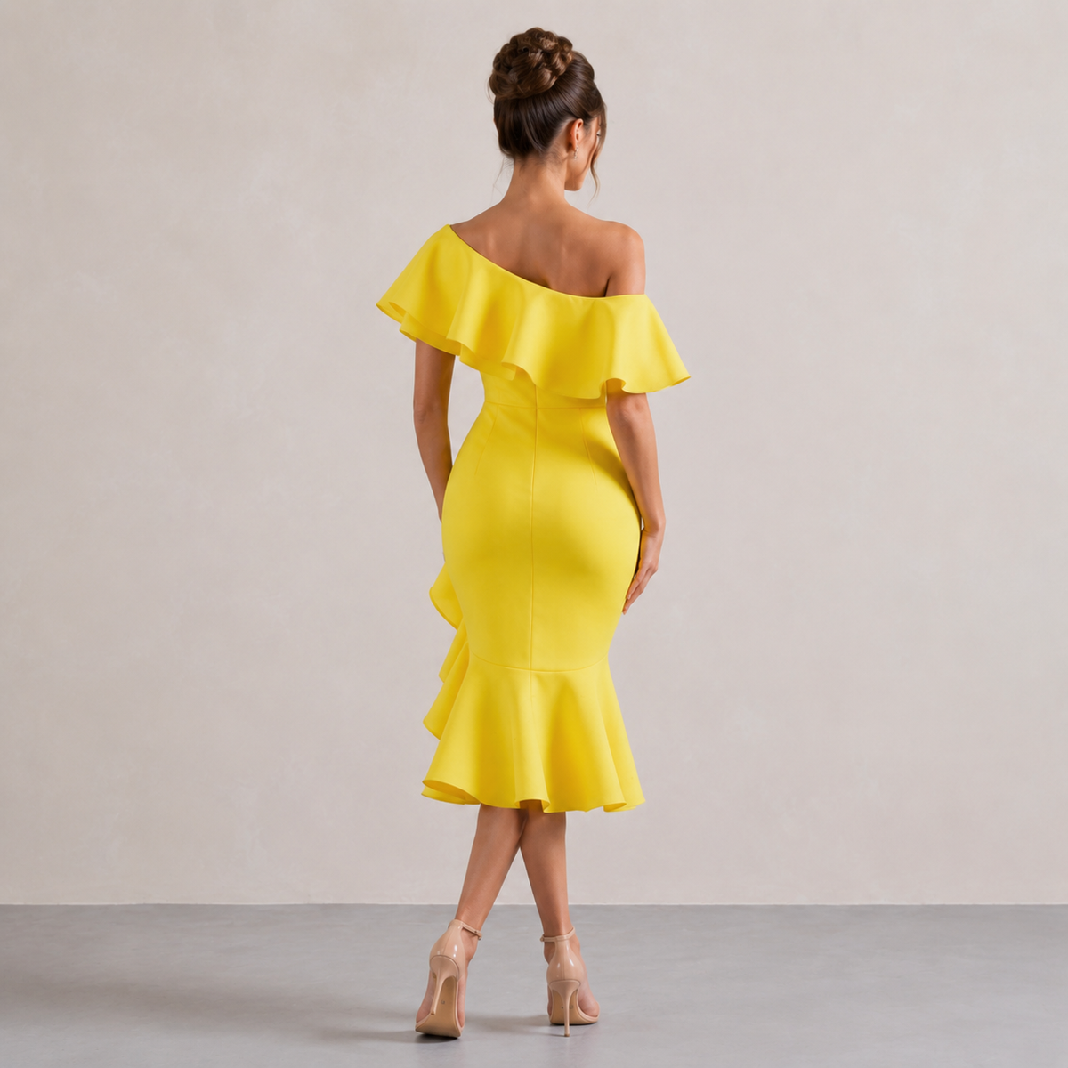 Off Shoulder Ruffle Fishtail Bodycon Midi Dress 6