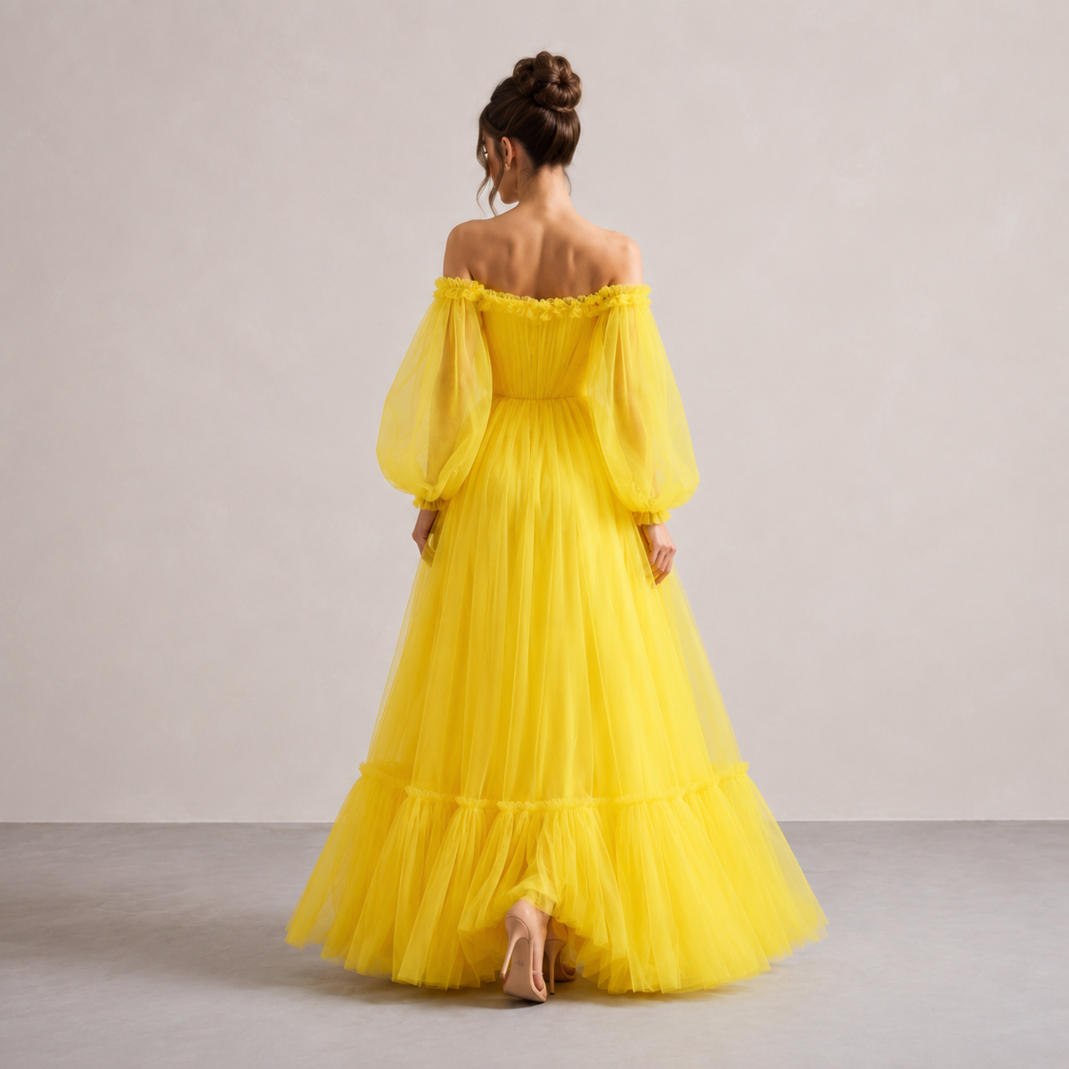 Off Shoulder Bishop Sleeve Floral Applique Tiered Tulle Gown 6