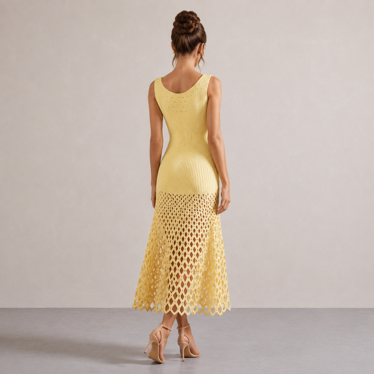 Square Neck Sleeveless Open Knit Bodycon Midi Dress 6