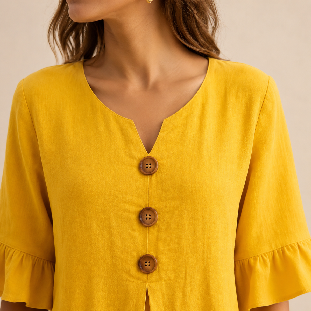 Notch Neck Wooden Button Front Pleated A-Line Midi Dress 17