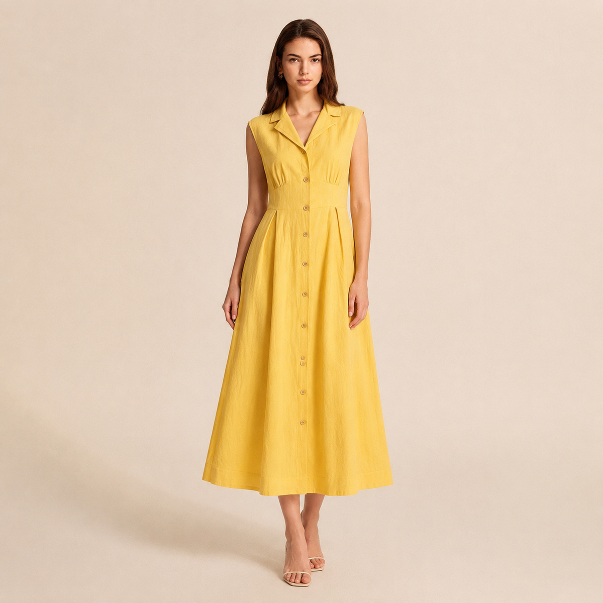 Notch Lapel Sleeveless Button Front A-Line Midi Dress 10