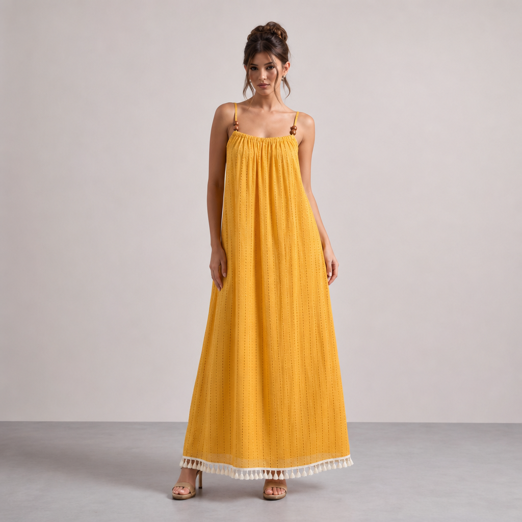 Beaded Strap Tassel Hem Maxi Sundress