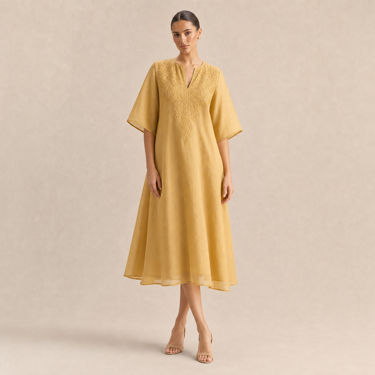 Embroidered Split Neck Short Sleeve Kaftan Midi Dress 10