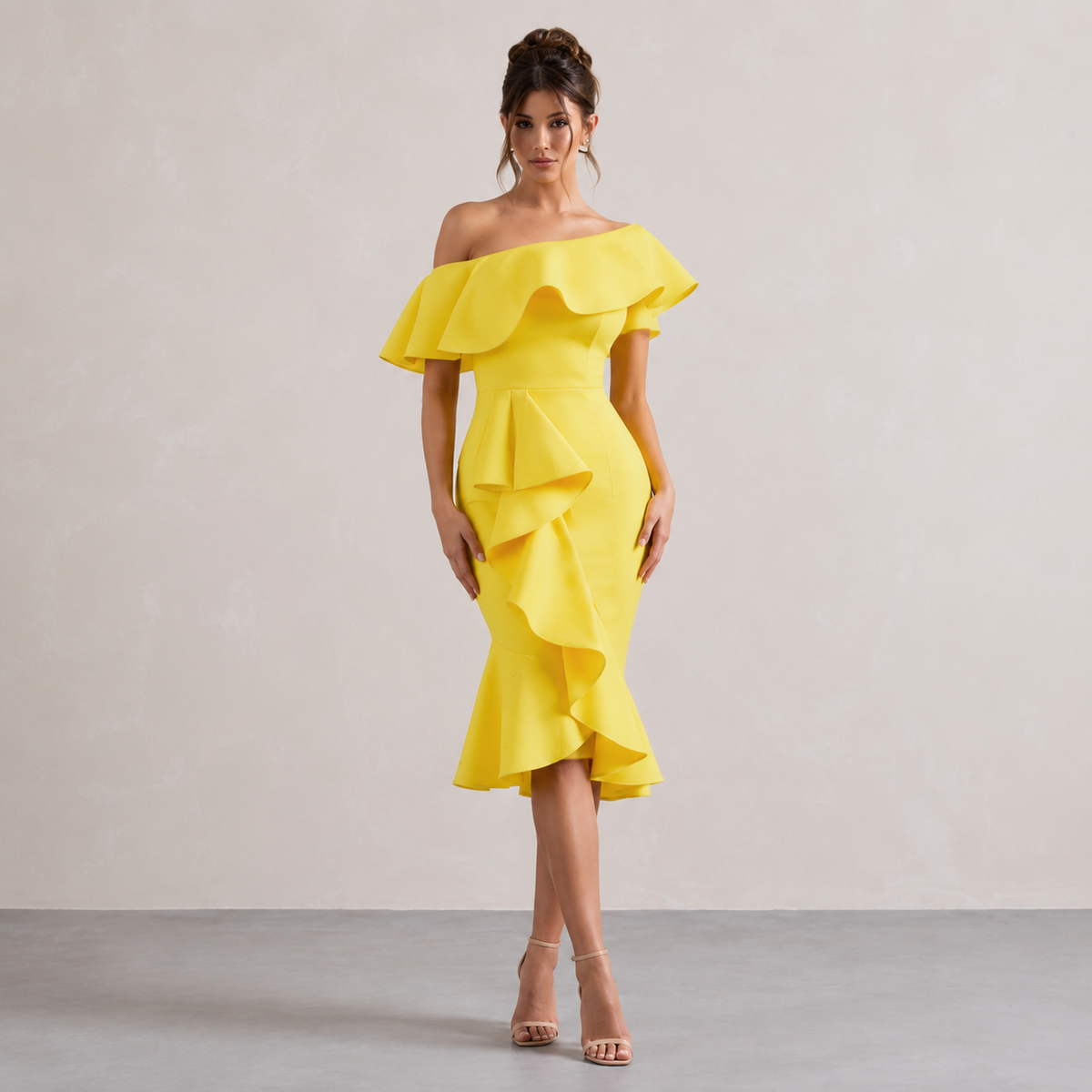 Off Shoulder Ruffle Fishtail Bodycon Midi Dress 4