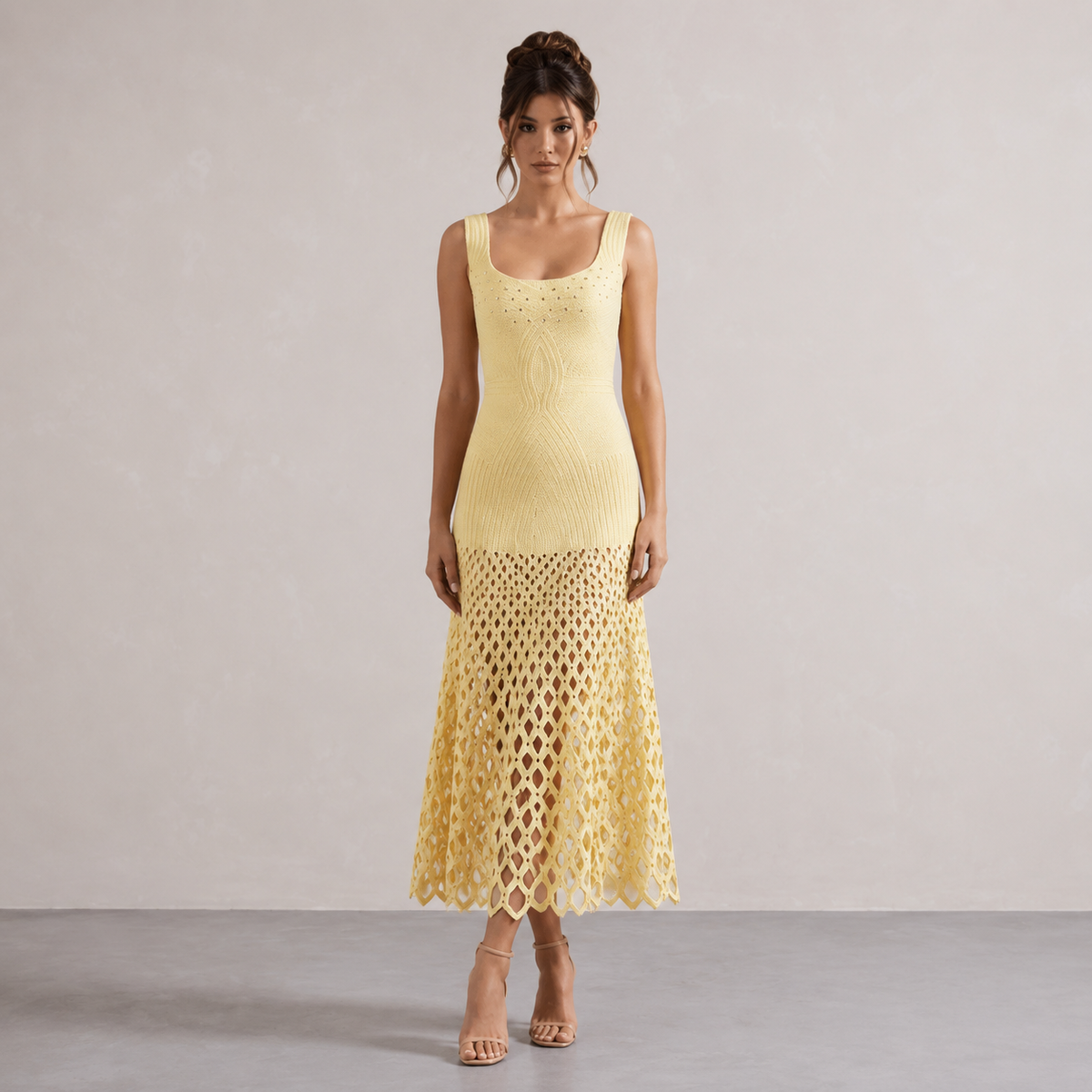 Square Neck Sleeveless Open Knit Bodycon Midi Dress 4