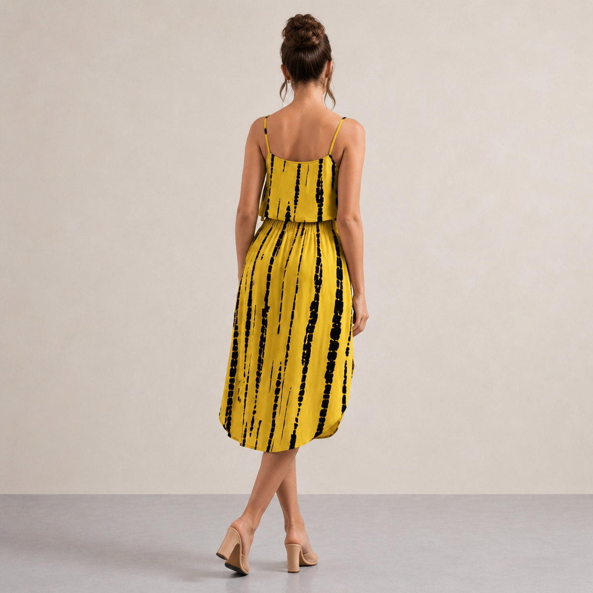 Tie Dye Stripe Cami Drawstring Waist High Low Midi Dress 18