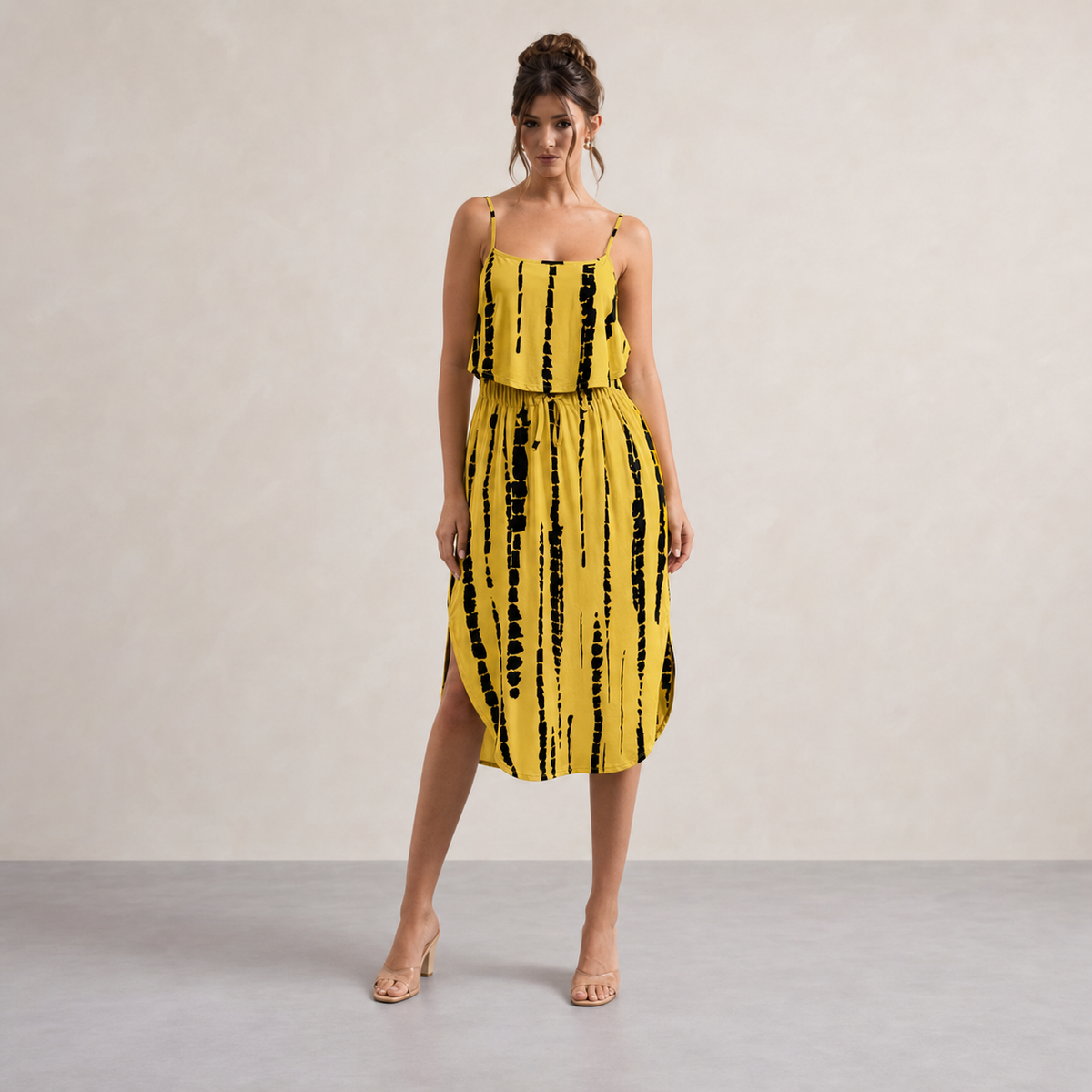 Tie Dye Stripe Cami Drawstring Waist High Low Midi Dress 16