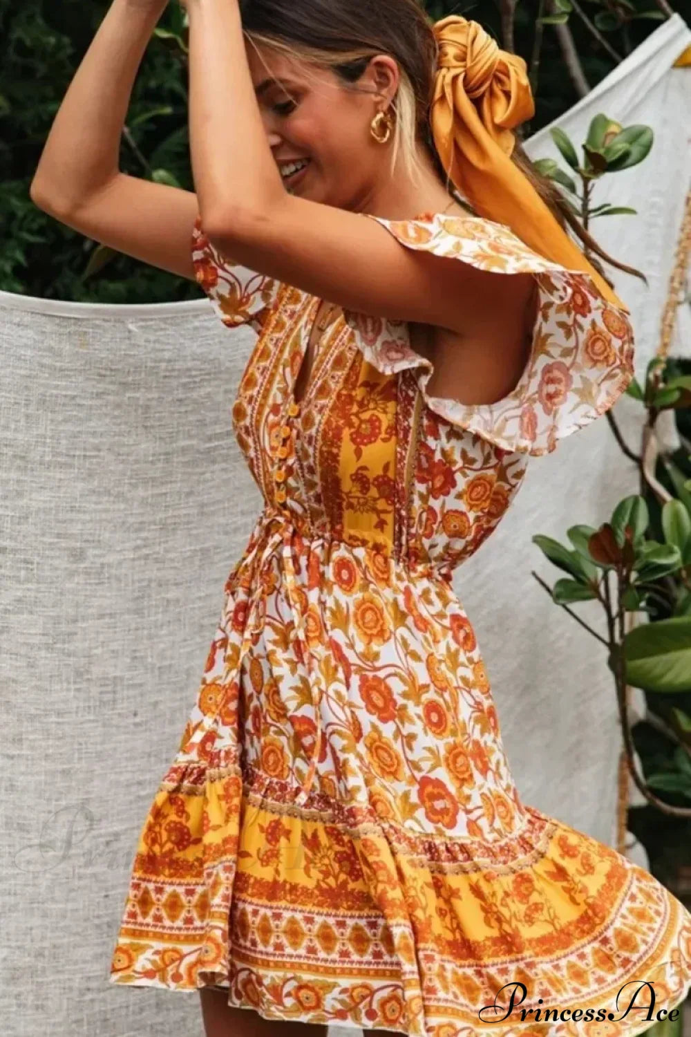 Yellow Floral Lace-up Rayon Boho Dress