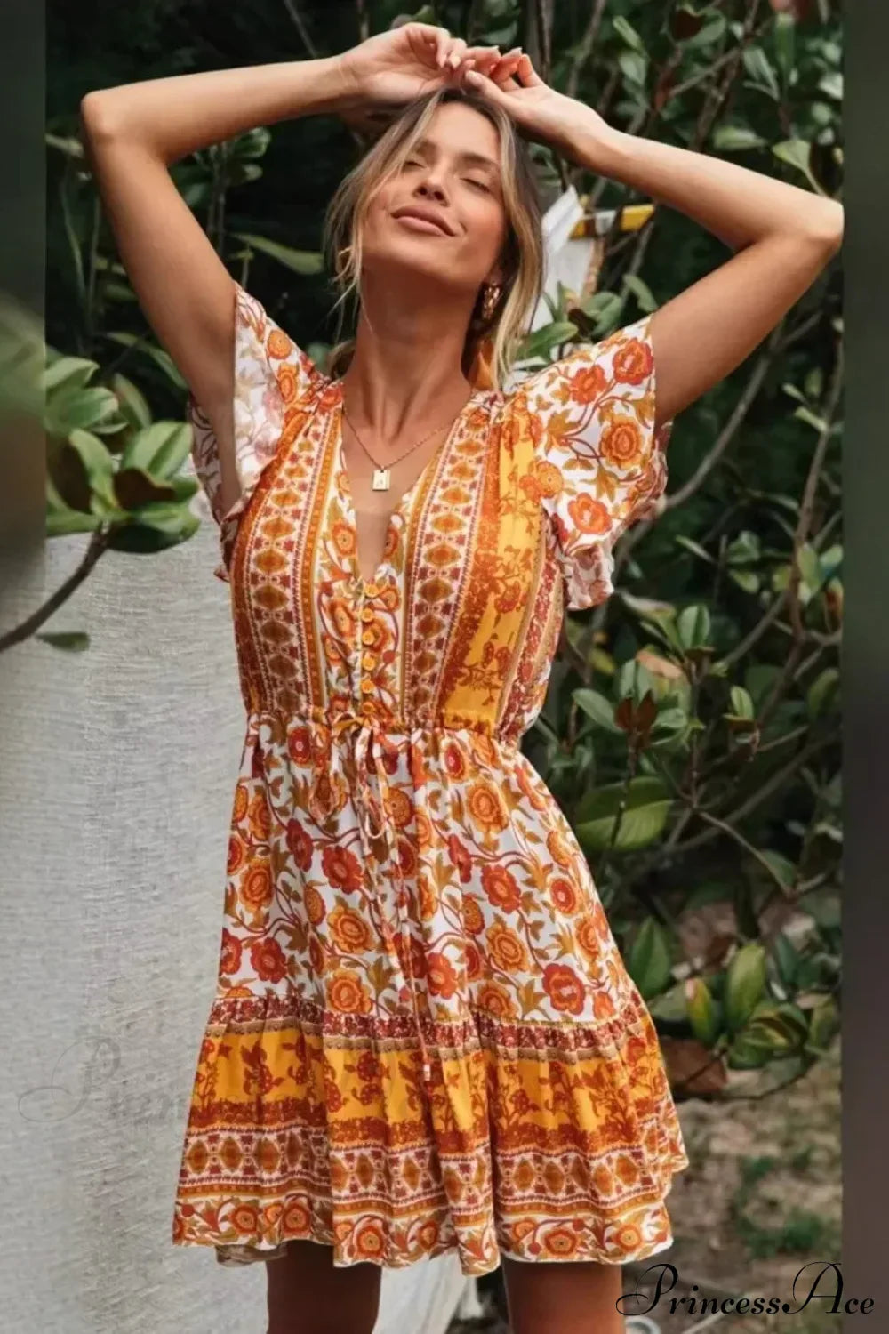 Yellow Floral Lace-up Rayon Boho Dress