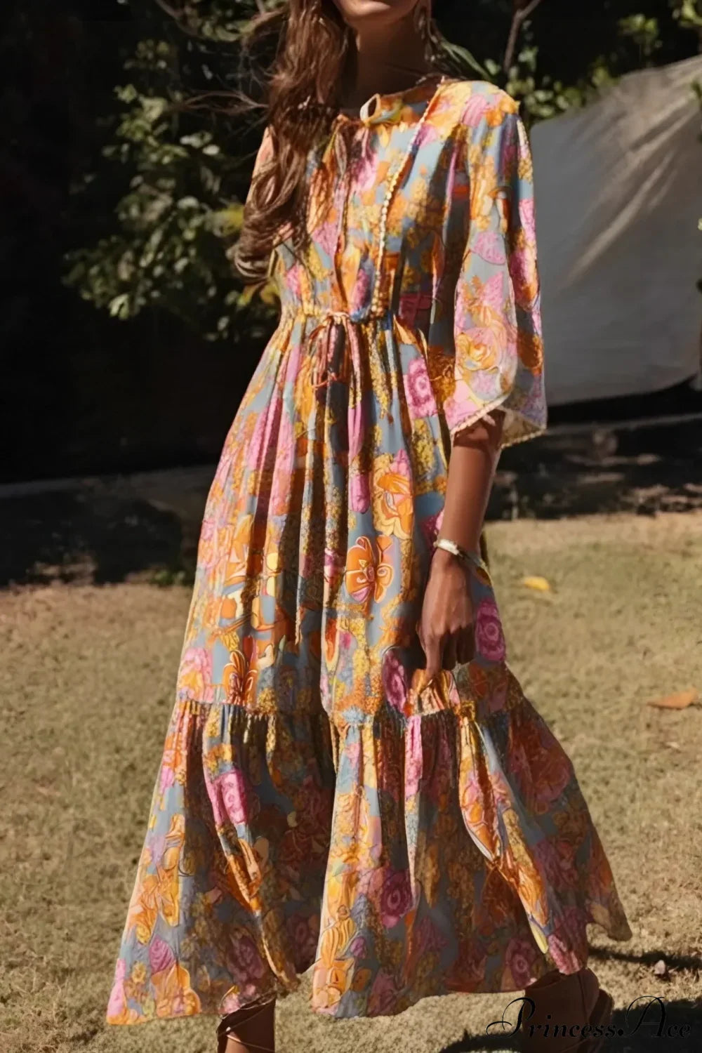 Yellow Floral Print Batwing Sleeve Beach Summer Maxi Boho Dress Purple / S bohodress-250126