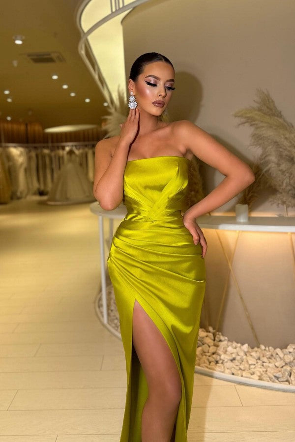 Yellow Green Strapless Prom Dress Mermaid Long With Split - Fashionpara