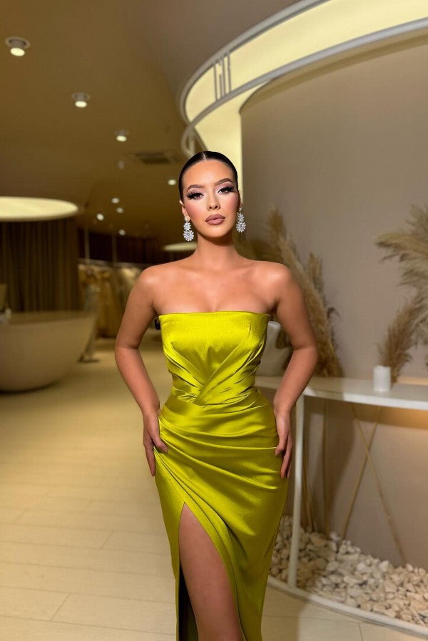 Yellow Green Strapless Prom Dress Mermaid Long With Split - Fashionpara