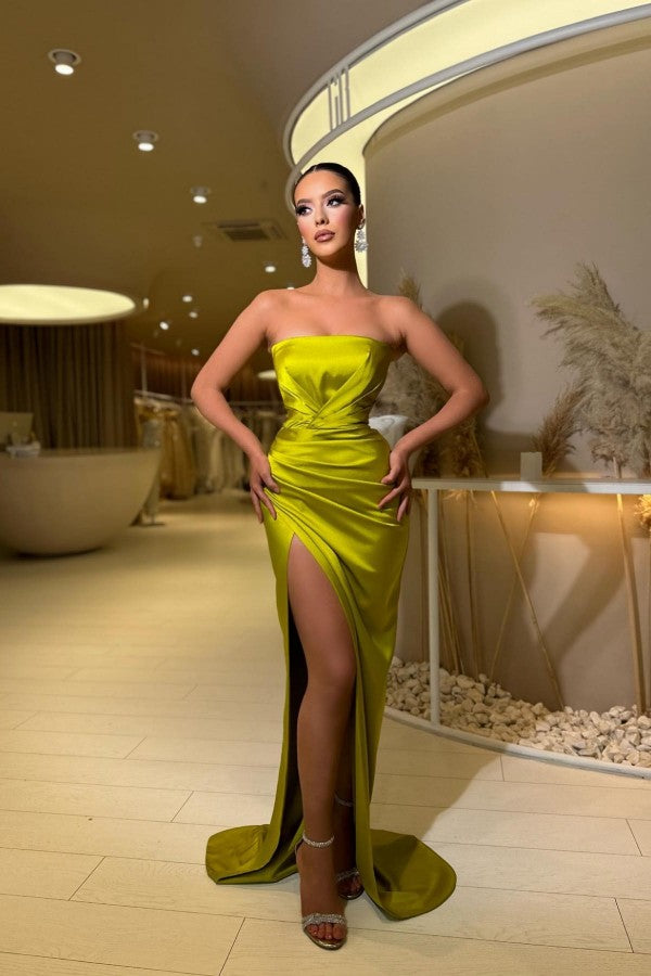 Yellow Green Strapless Prom Dress Mermaid Long With Split - Fashionpara
