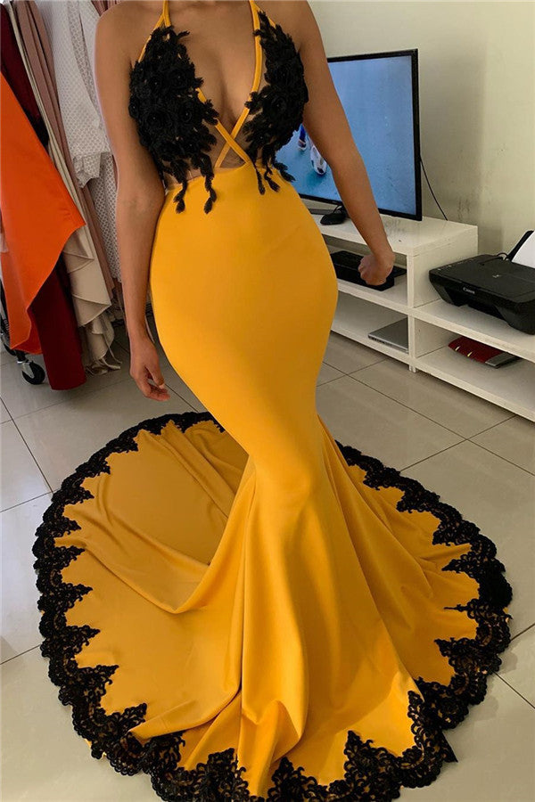 Yellow Halter Mermaid Prom Dress With Black Appliques - Fashionpara