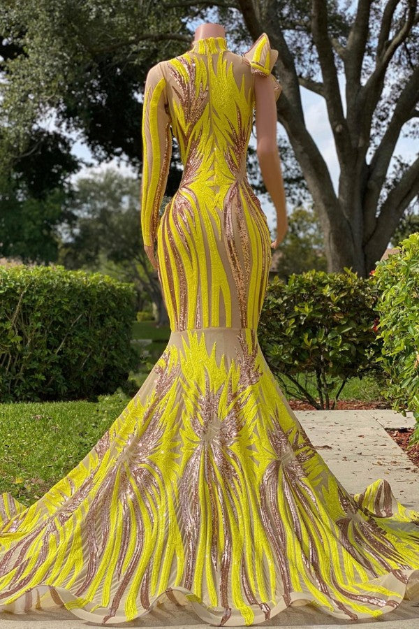 Yellow Long Sleeves Prom Dress Mermaid Sequins - Fashionpara