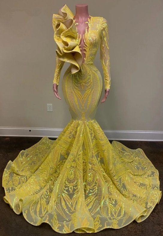 Yellow Long Sleeves Prom Dress Mermaid Sequins - Fashionpara