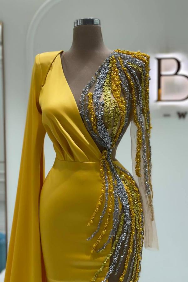 Yellow Long Sleeves Prom Dress Mermaid With Beadings - Fashionpara