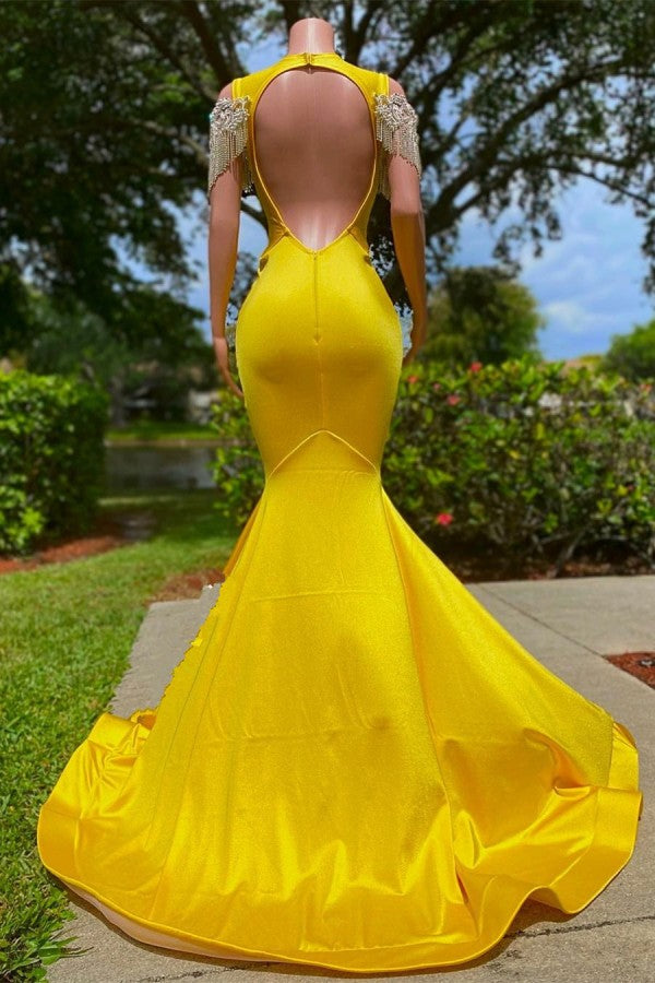 Yellow Off-the-Shoulder Prom Dress Mermaid With Appliques Tassels - Fashionpara