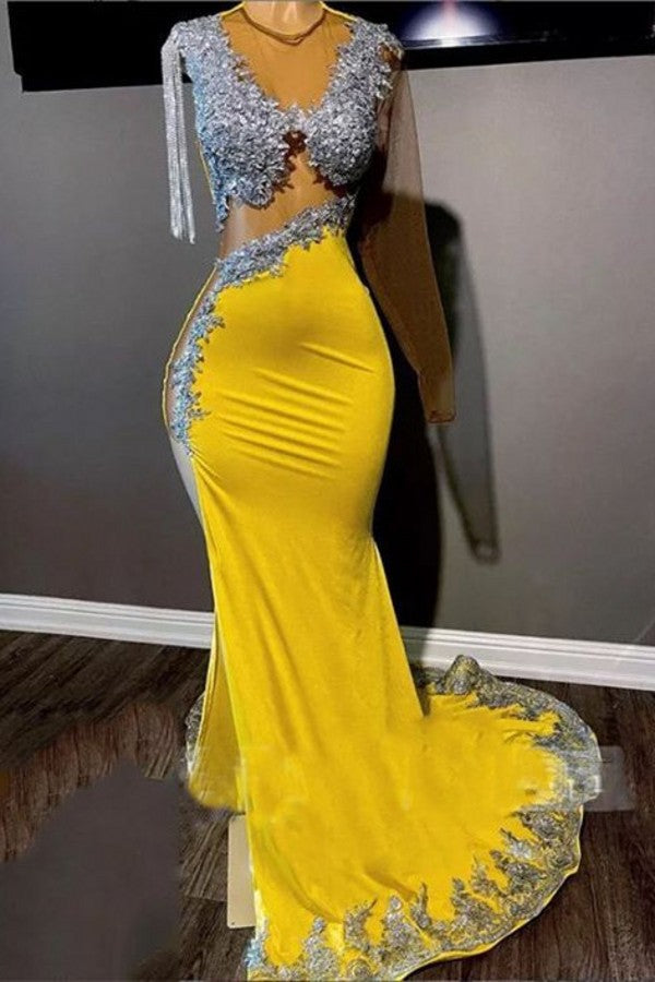Yellow One Shoulder Long Sleeves Prom Dress Mermaid With Appliques - Fashionpara