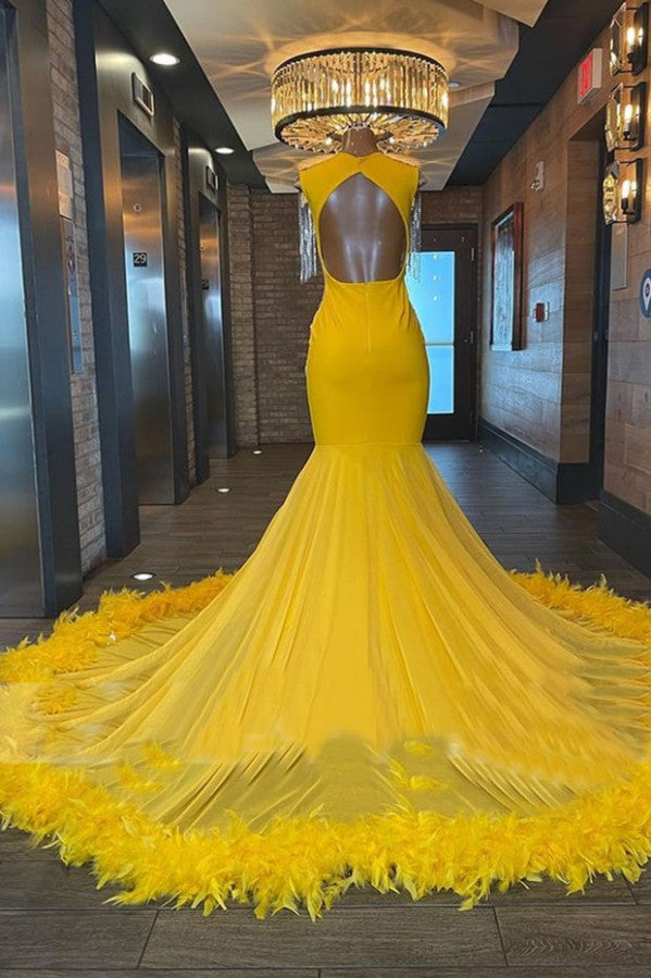 Yellow Prom Dress Mermaid Tassels With Feather - Fashionpara