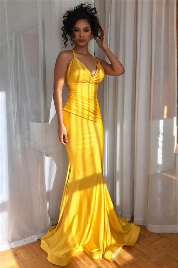 Yellow V-Neck Mermaid Prom Dress Sleeveless - Fashionpara