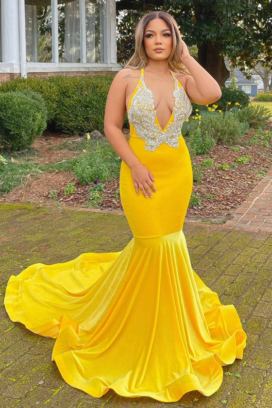Yellow V-Neck Prom Dress Mermaid Sleeveless With Appliques - Fashionpara