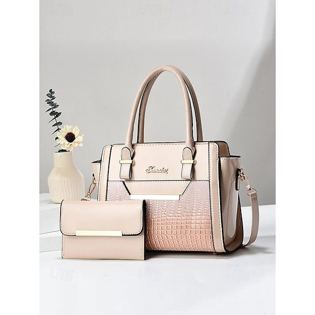 Faux Glossy Patent Handbag Set Leather