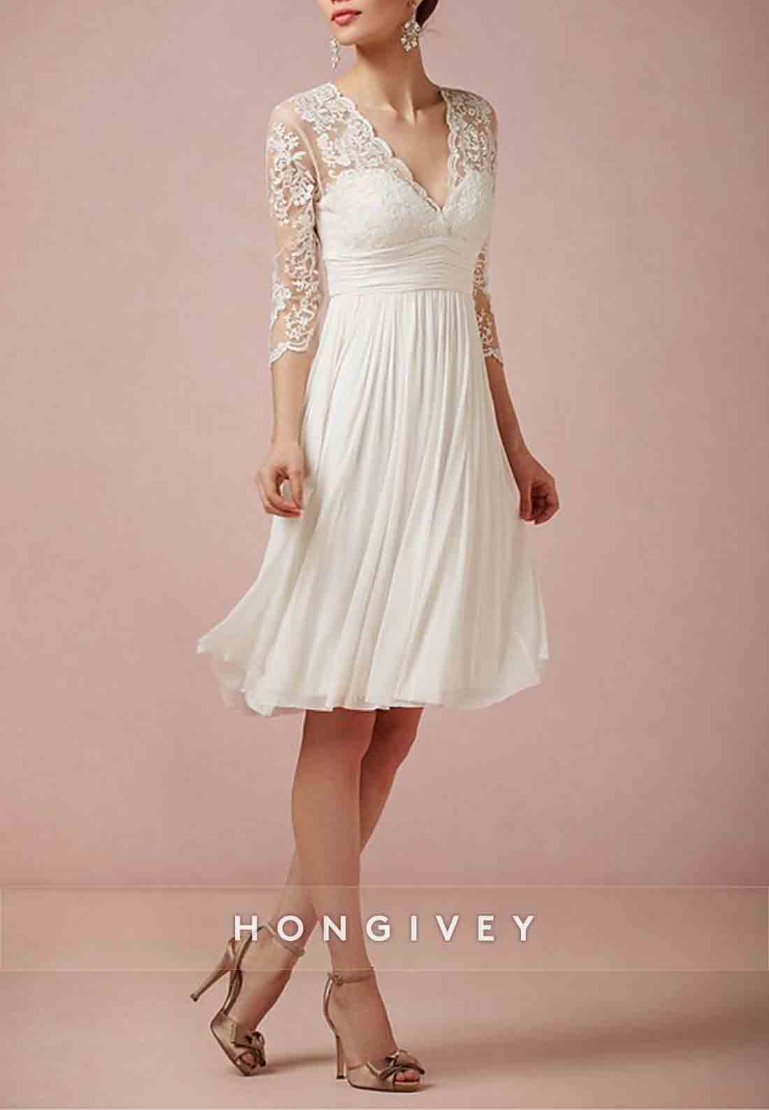 Scalloped Neck Knee Length Beach A-Line Lace 3/4sleeves Beach Wedding Dresses