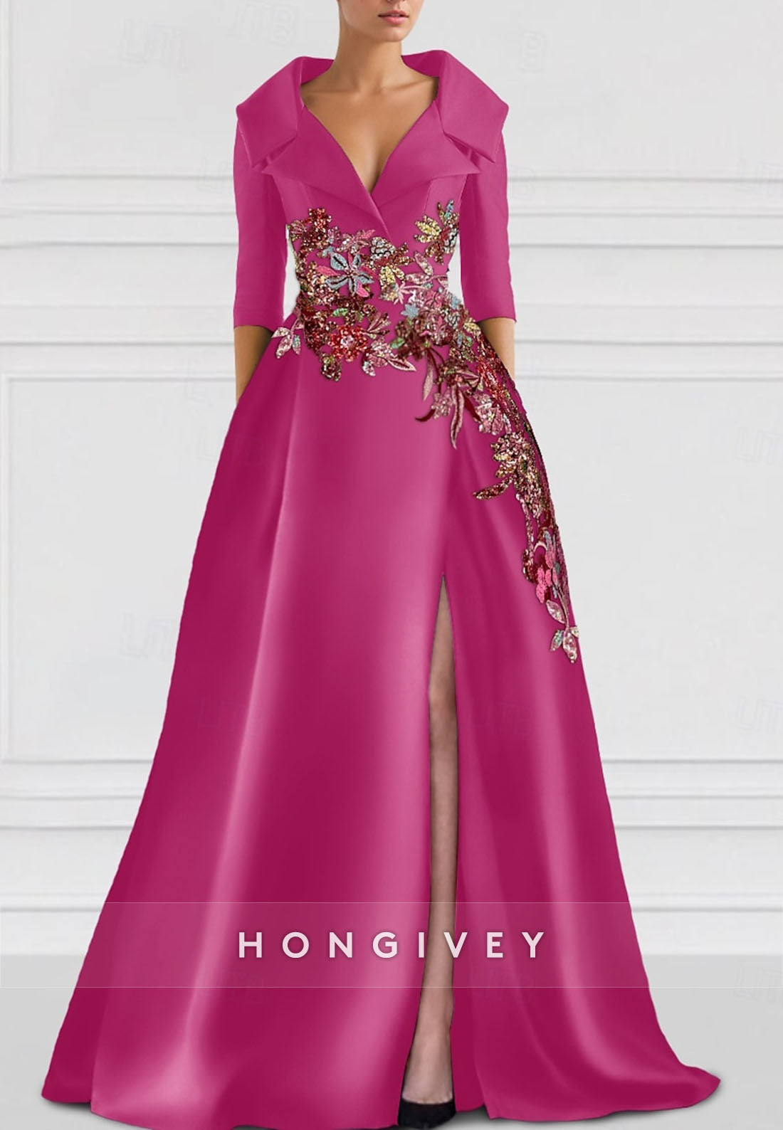 High Slit Princess Floor-Length V Neck Satin 3/4 Sleeve Pleated Appliqued Evening Gown