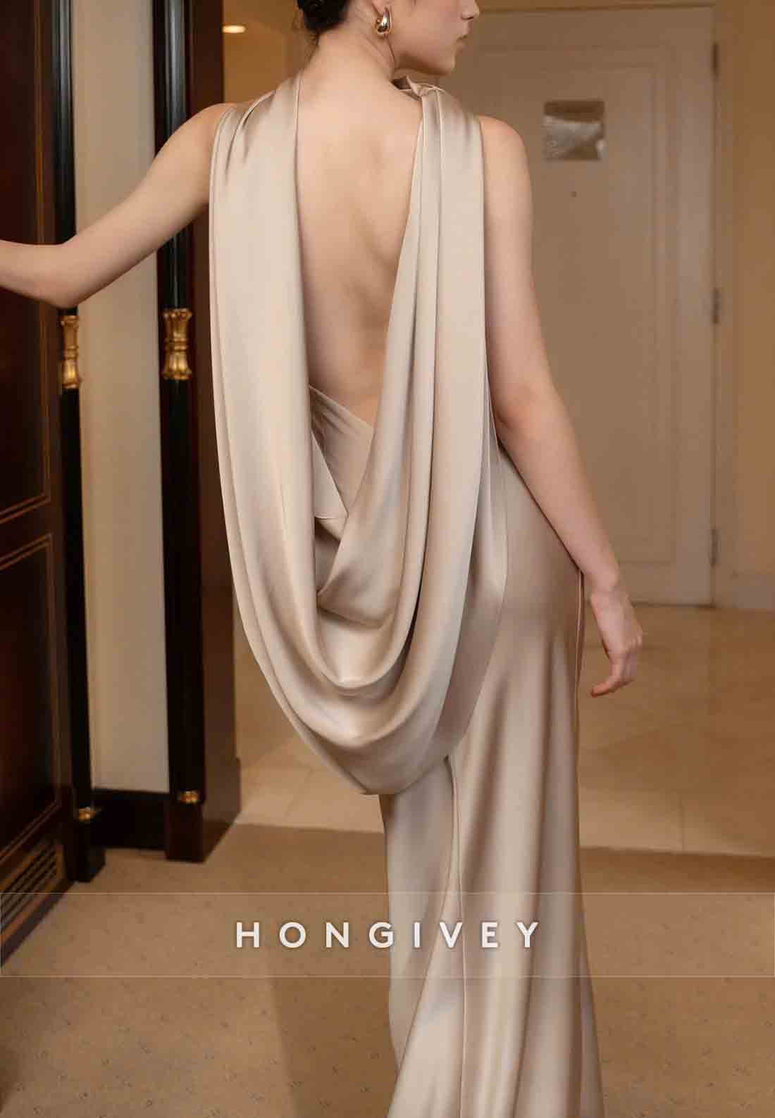 Trumpet Floor-Length Wedding Guest Dresses Sleeveless Cowl Back Evening Gown