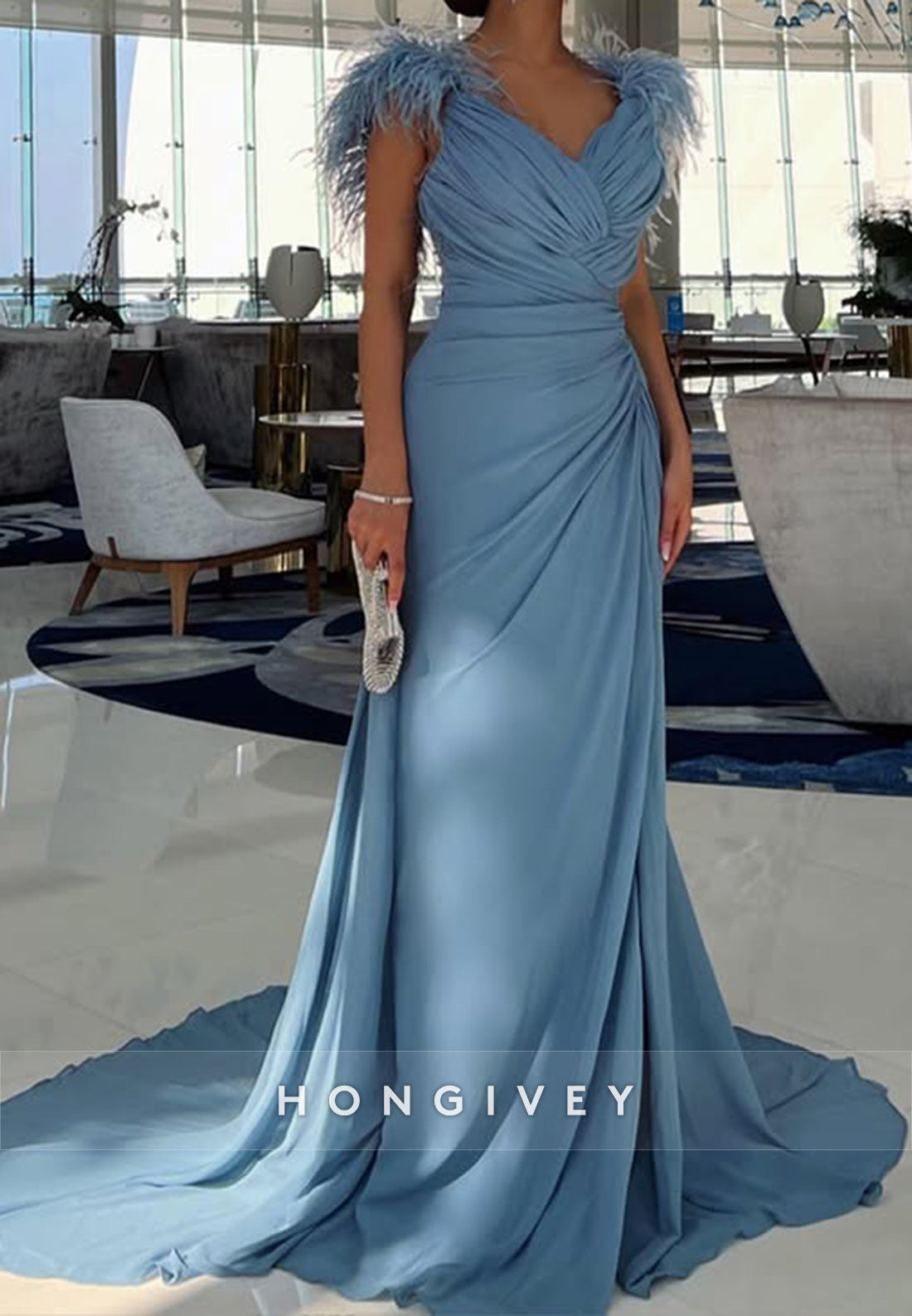 Sky Blue Sheath Court Train V Neck Cap Sleeves Pleated Feather Evening Gown