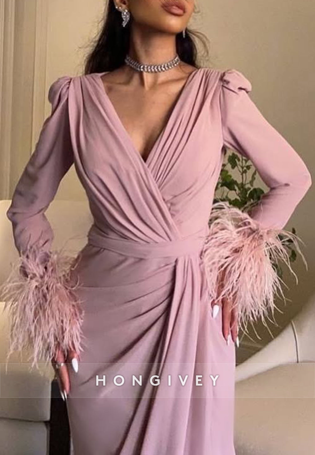 Column Court Train V Neck Long Sleeve Feather Slit Pleated Evening Gown
