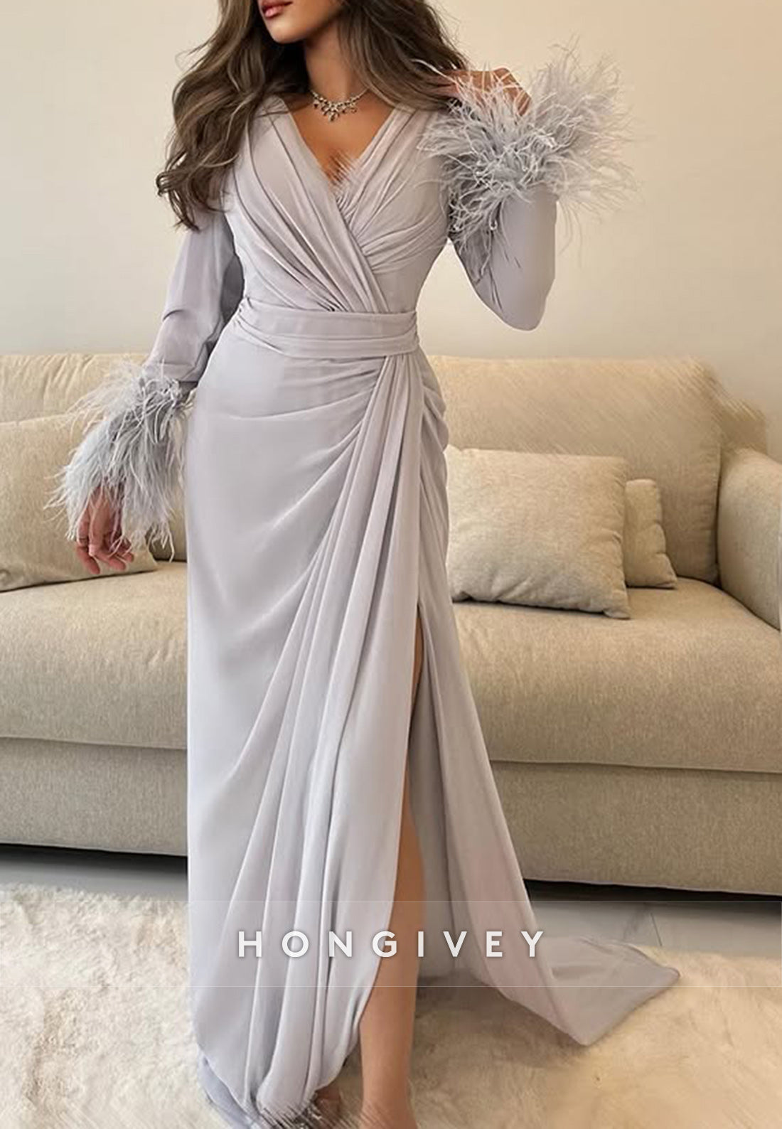 Column Court Train V Neck Long Sleeve Feather Slit Pleated Evening Gown