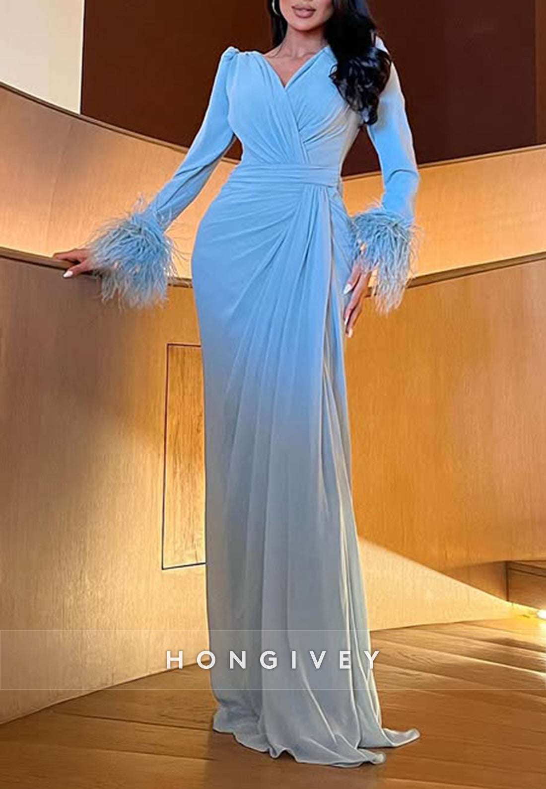 Column Court Train V Neck Long Sleeve Feather Slit Pleated Evening Gown