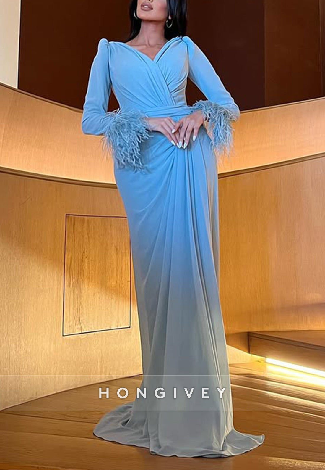 Column Court Train V Neck Long Sleeve Feather Slit Pleated Evening Gown