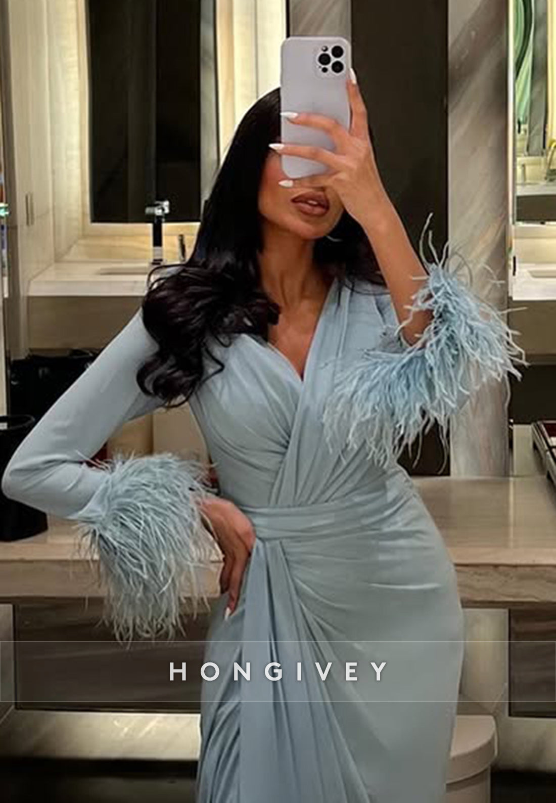 Column Court Train V Neck Long Sleeve Feather Slit Pleated Evening Gown